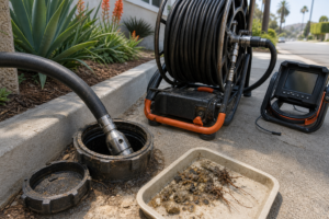 Professional hydro jetting through an open sewer cleanout in Los Angeles