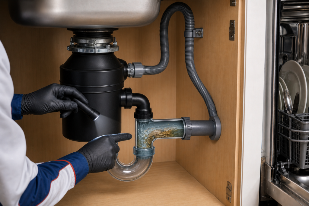 Dishwasher drain hose high loop connected to a garbage disposal above a restricted kitchen sink trap arm
