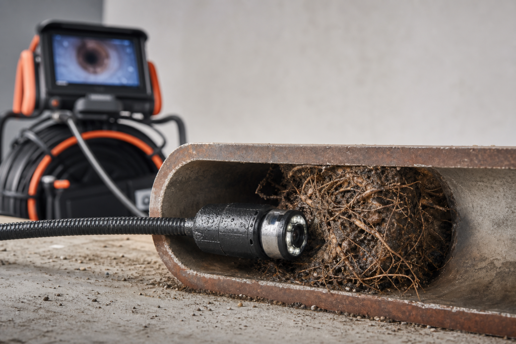 Sewer inspection camera stopped at a root and debris blockage inside a pipe