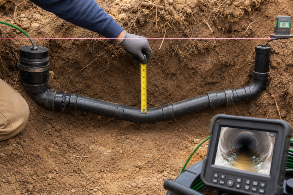 Plumber measuring the low section of a sagging sewer line in an exposed trench