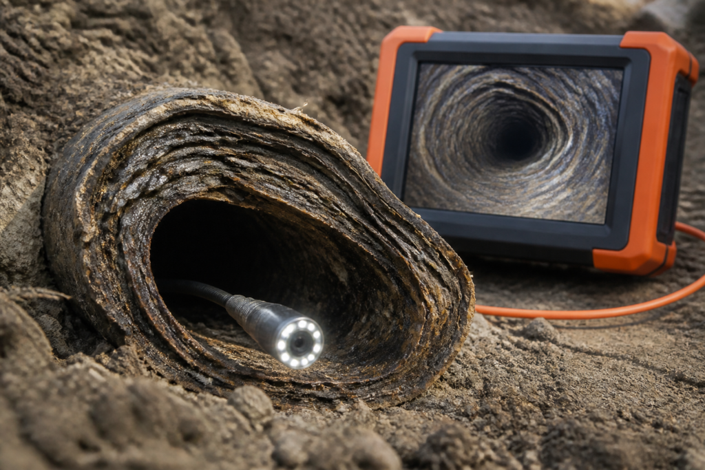 Sewer camera inspecting a deformed layered Orangeburg fiber sewer pipe