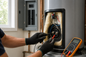 Technician testing the exposed heating element and thermostat access on an electric water heater with a breaker panel behind it