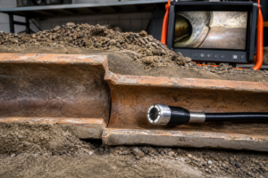 Sewer camera view showing an offset pipe joint with a visible ledge inside a sewer line