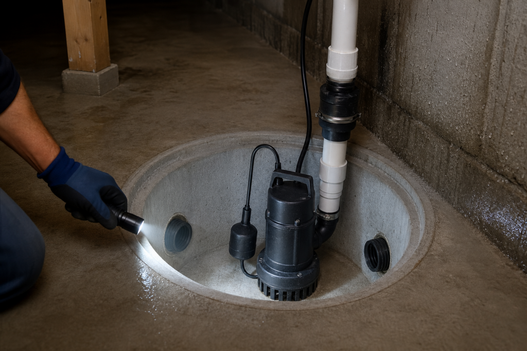 Open dry sump basin with a visible sump pump, float switch, inlet pipes, check valve, and inspection flashlight