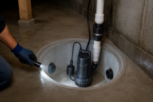 Open dry sump basin with a visible sump pump, float switch, inlet pipes, check valve, and inspection flashlight
