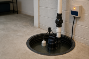High water in an open sump basin with pump, float, discharge pipe, check valve, and amber alarm indicator