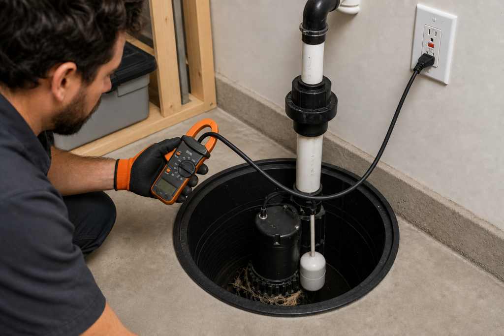 Gloved technician using a clamp meter on a sump-pump power cord leading to a tripped GFCI above an open basin