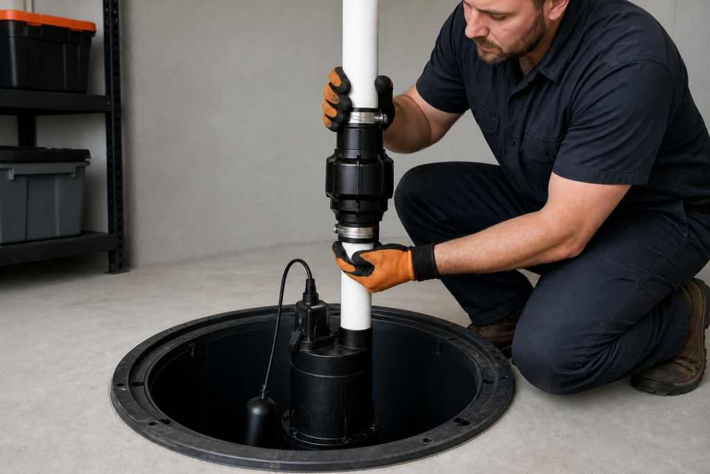 Plumber braces a sump-pump discharge pipe above and below an inline check valve over an open basin