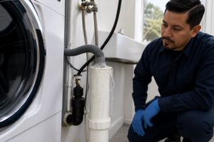 Washing machine drain hose and laundry standpipe overflowing during pump-out while a plumber observes safely