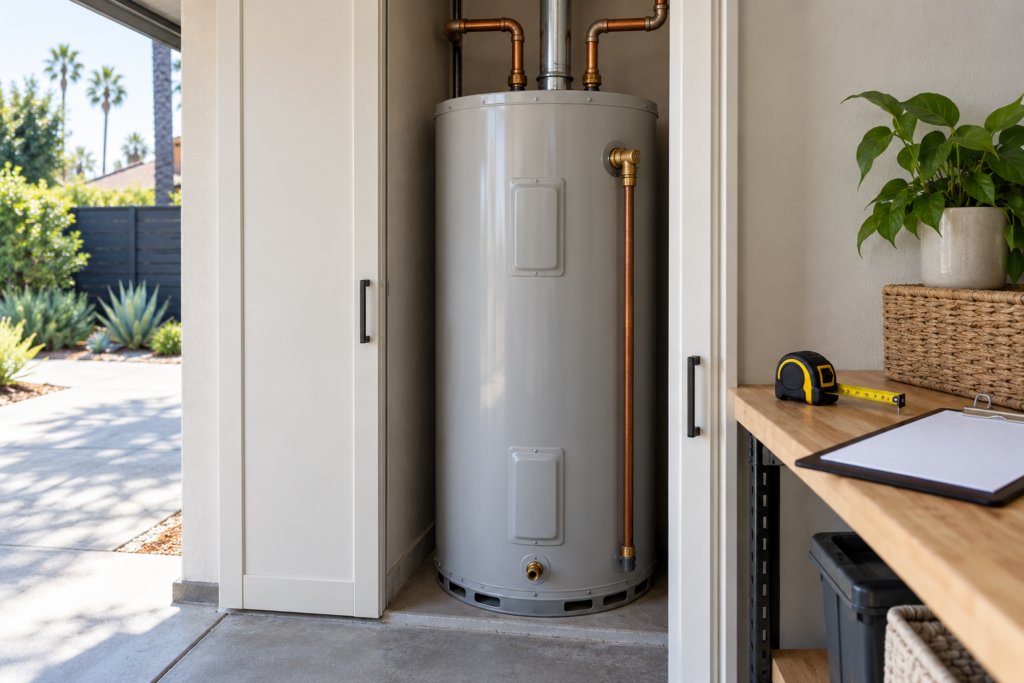 Illustrative storage water heater in a utility alcove with a planning clipboard and tape measure